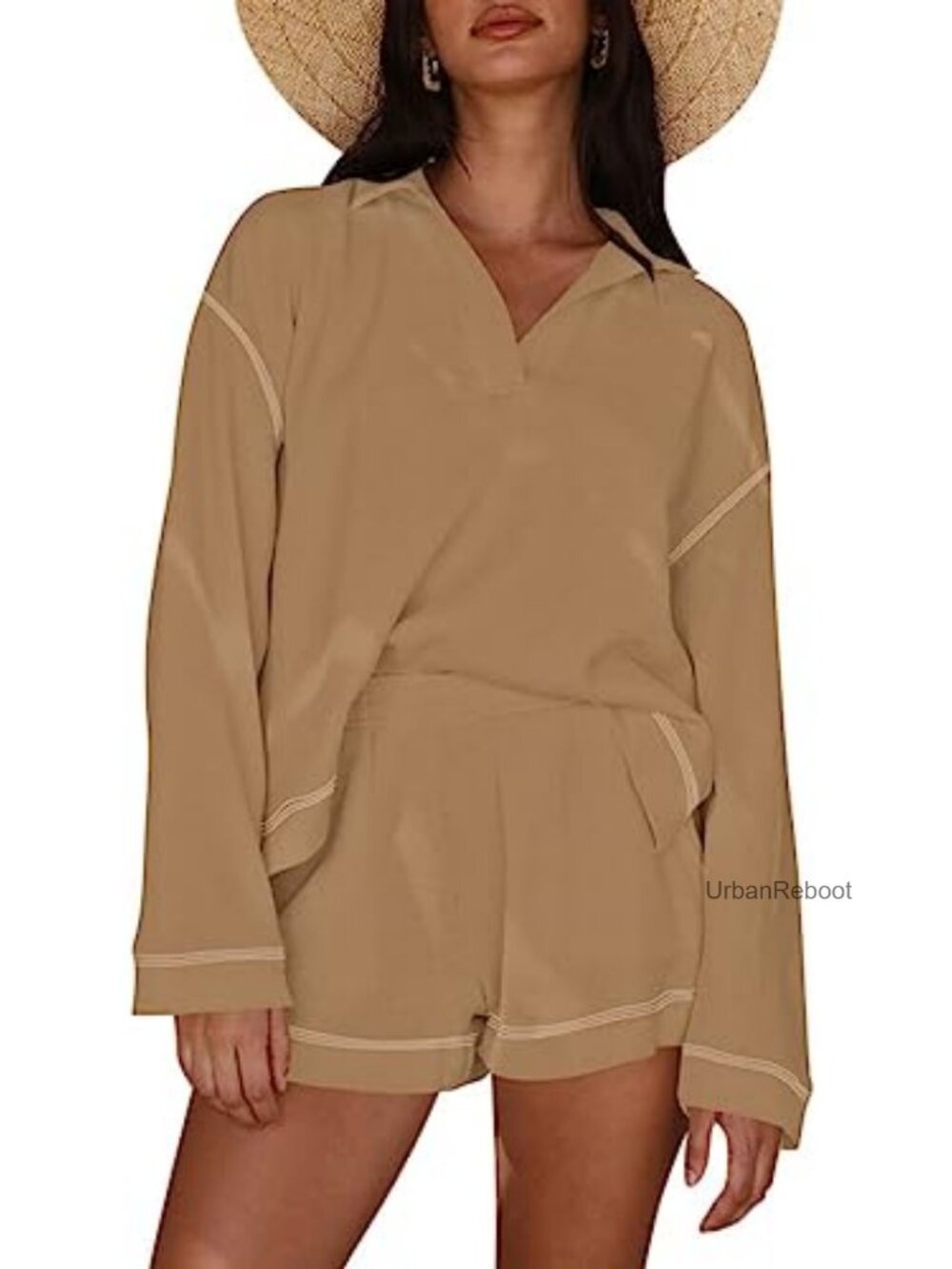 Waffle Knit Long Sleeve Lounge Set Top & Shorts 2 Piece Sweatsuit